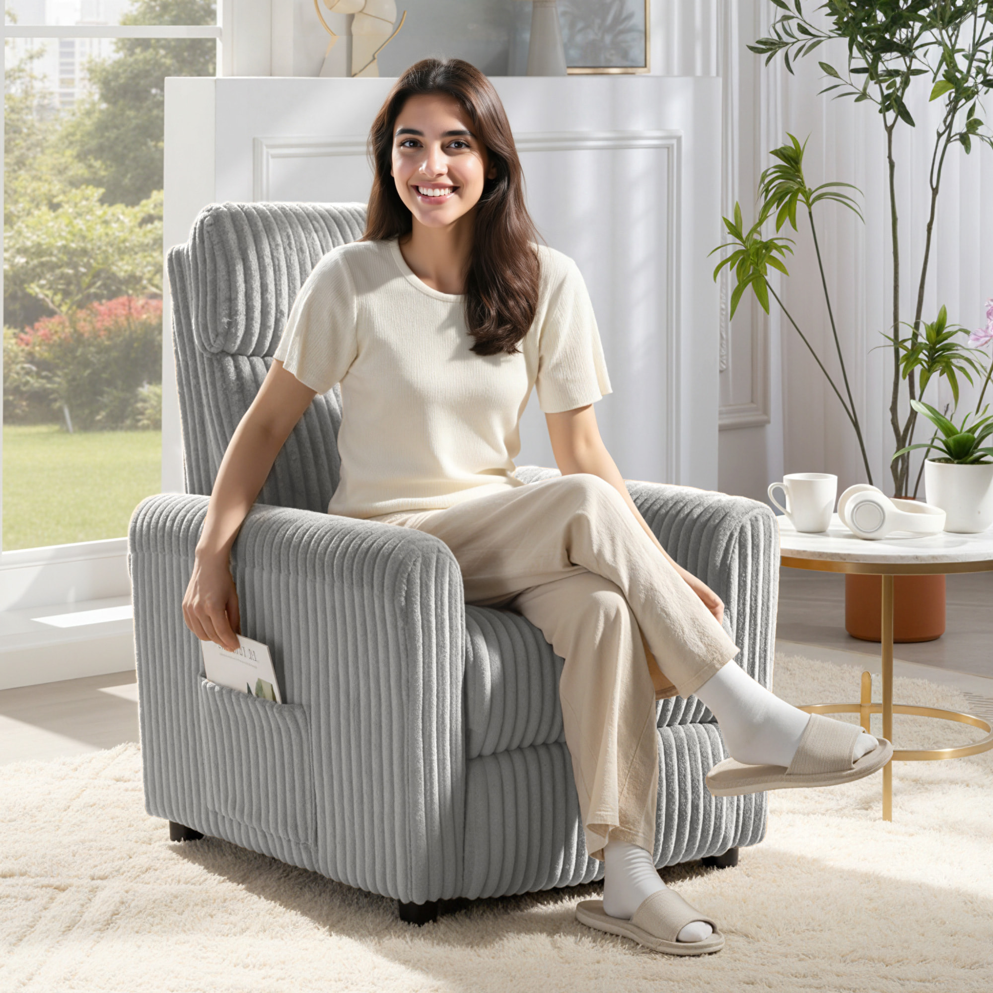 Sillón Relax Reclinable, Sillón Reclinable Manual, Tapizado en Pana, Instalación Rápida, Reposapiés, Acolchado Grueso, para Salón, Dormitorio, Oficina, Gris Claro