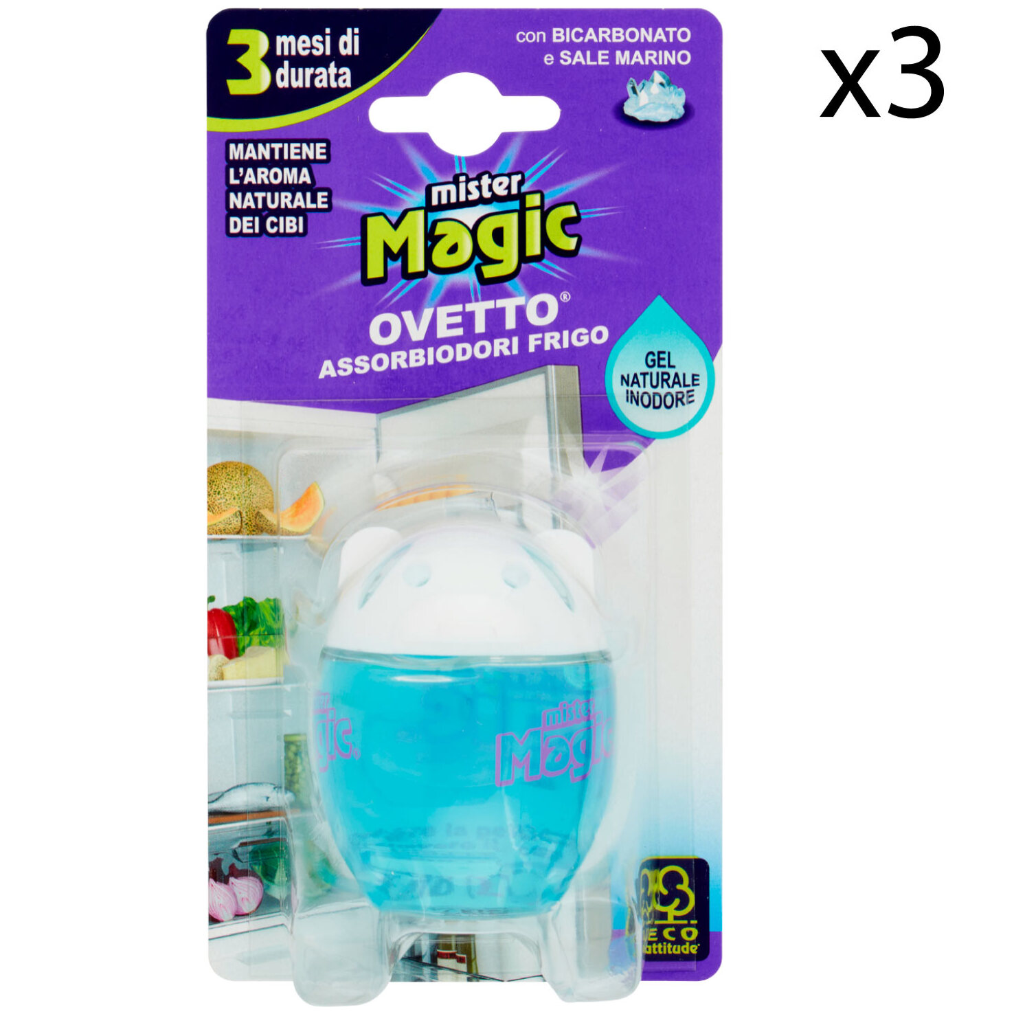 3x Mister Magic Ovetto Assorbiodori Frigo con Bicarbonato e Sale - 3 Confezioni da 1 Pezzo