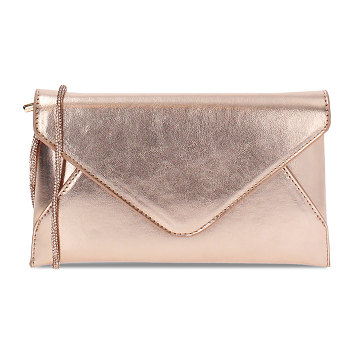 Pochette donna rosa oro in laminato con tracolla in pietre
