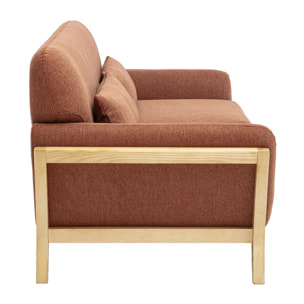 Canapé scandinave 3 places en tissu effet velours texturé terre brûlée et bois clair YOKO