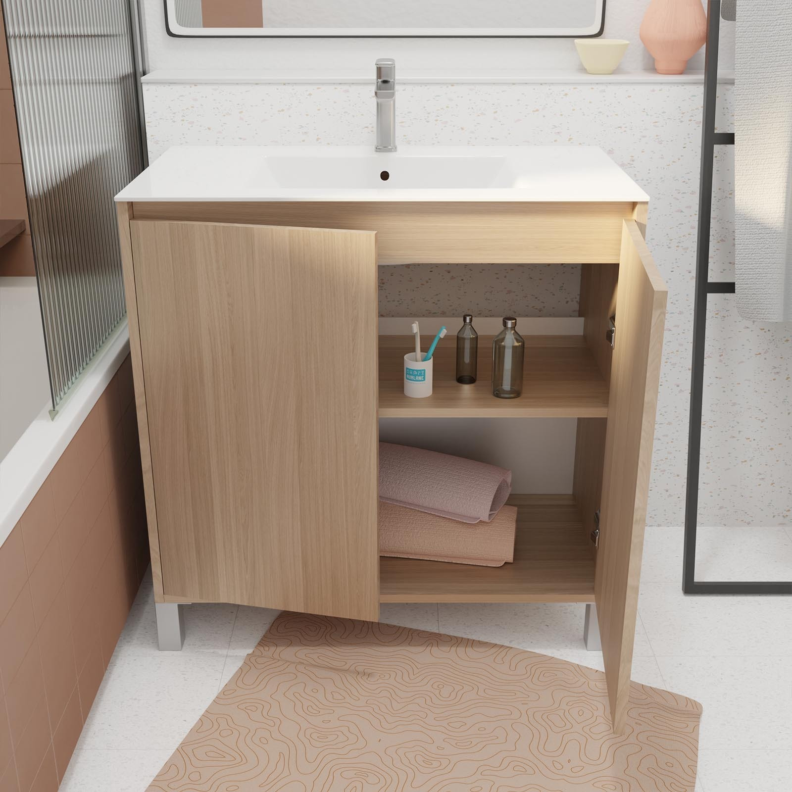Pack Meuble Salle de Bains 80 cm Chêne Clair, 2 portes avec Vasque Céramique - XENOS