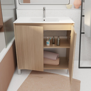 Pack Meuble Salle de Bains 80 cm Chêne Clair, 2 portes avec Vasque Céramique - XENOS