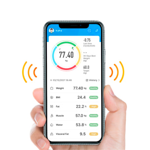 Báscula inteligente con 8 métricas esenciales. Peso, grasa%, IMC, edad corporal, etc.