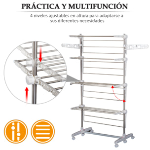 Tendedero Plegable 6 Ruedas 3 y 4 Niveles Estantes Tubo Acero Inox Tendero Ropa