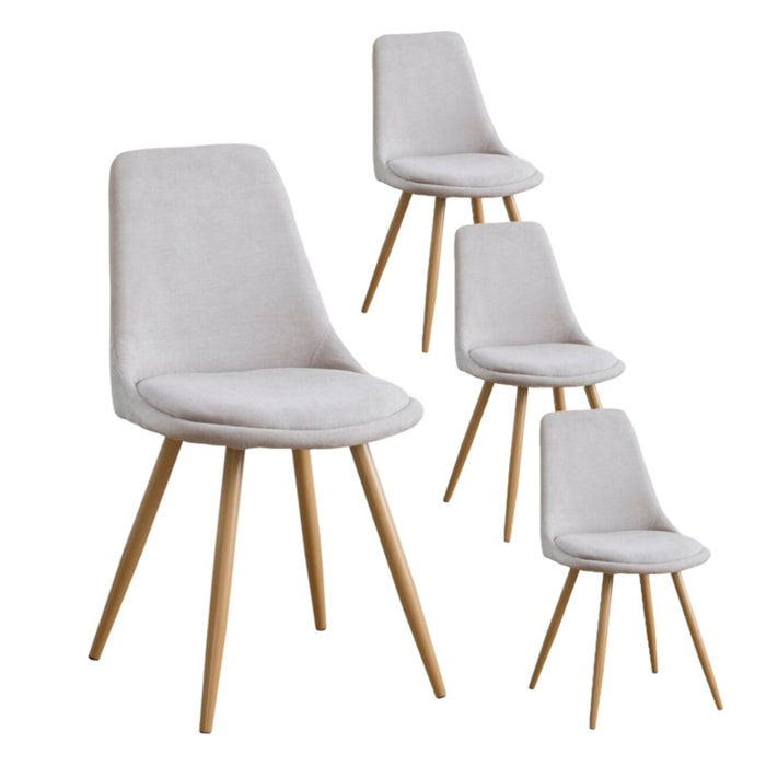Pack de 4 chaises -tissu et bois, pieds métaliques-couleur beige 47 x 87 x 51 cm