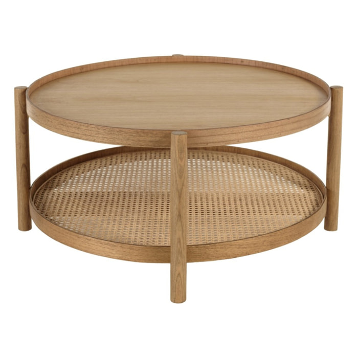 AMY - Table basse en bois de mindi 80.5m avec tablette en rotin naturel AMY