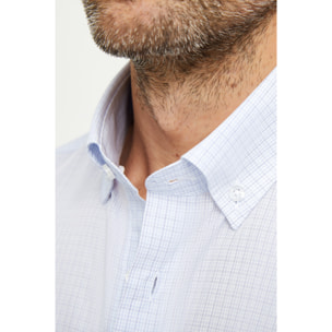 Camicia Uomo 1 Bottone Button Down Slim Cotone Quadro Piccolo Celeste/Bianco