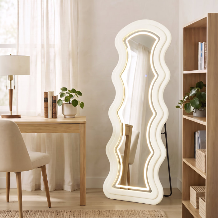 Miroir LED ondulé pleine longueur 160x60cm 3 couleurs cadre effet velours crème