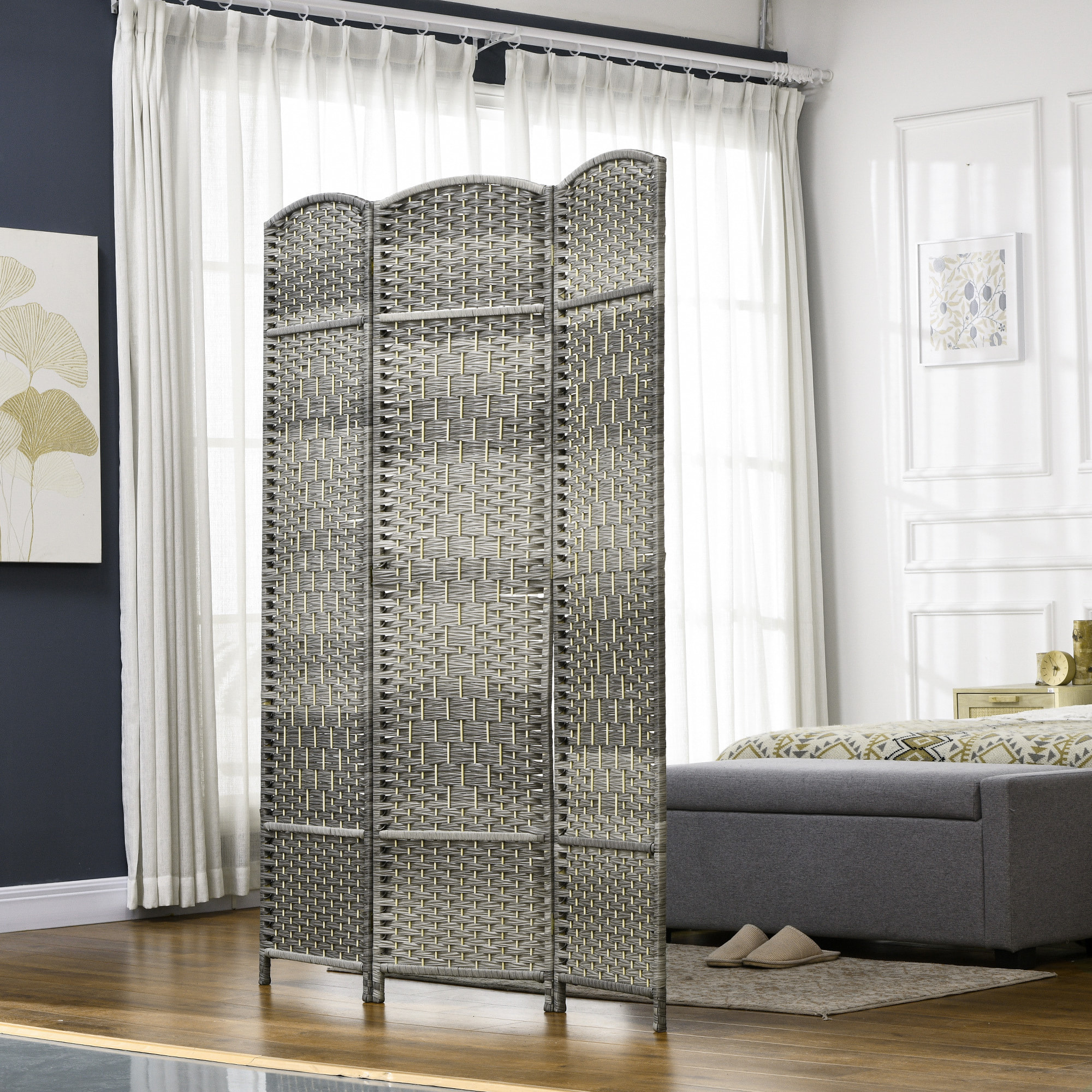 Paravent intérieur 3 panneaux pliables en bois séparateur de pièce style bohème tissé gris