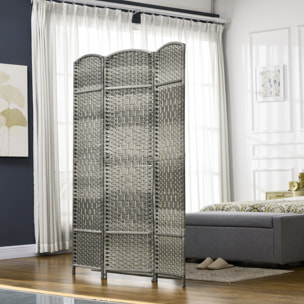 Paravent intérieur 3 panneaux pliables en bois séparateur de pièce style bohème tissé gris