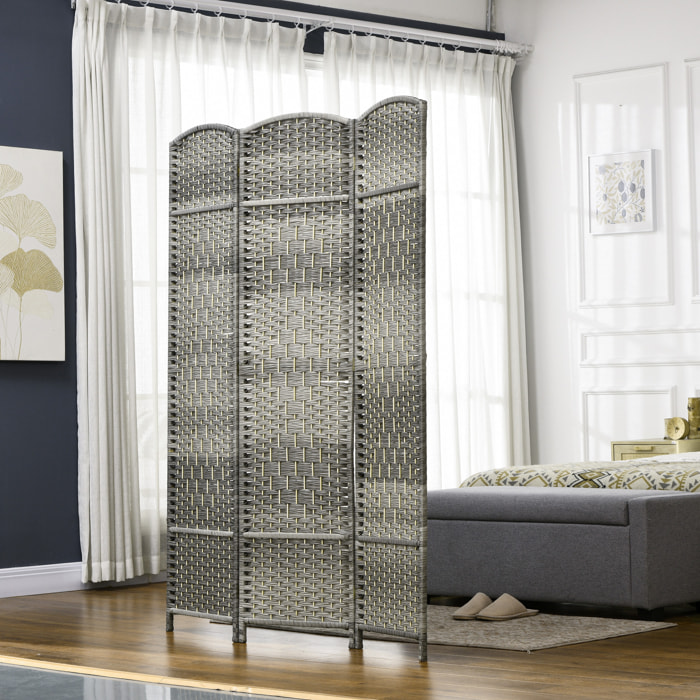 Paravent intérieur 3 panneaux pliables en bois séparateur de pièce style bohème tissé gris