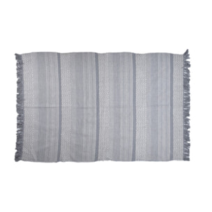 Tapis en coton brodé lignes et chevrons gris clair avec franges - MINA