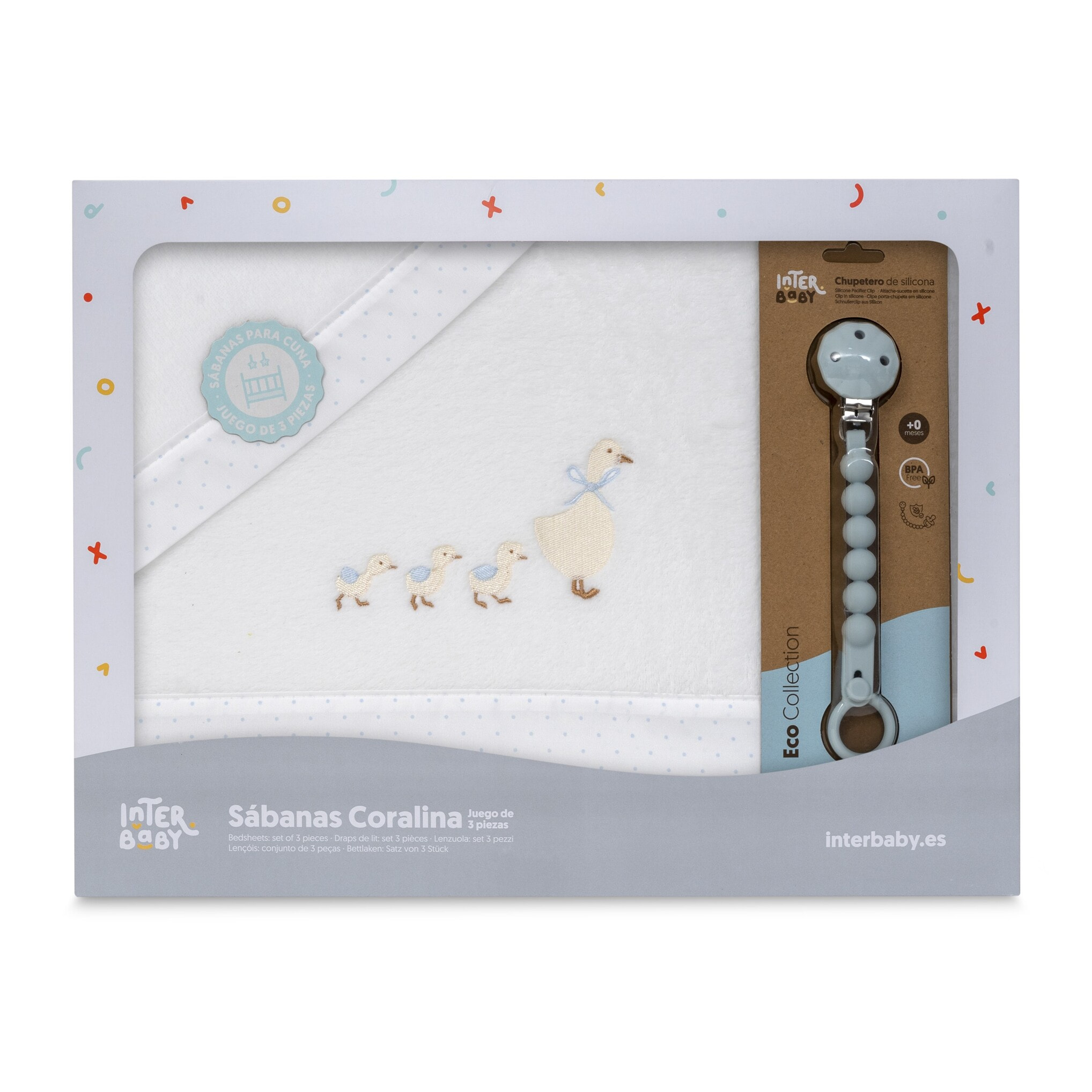 Triptico Cuna Coralina Modelo Patitos + Broche Bco/Azul