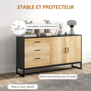 Buffet 2 portes étagère 3 tiroirs poignées alu piètement acier noir effet bois