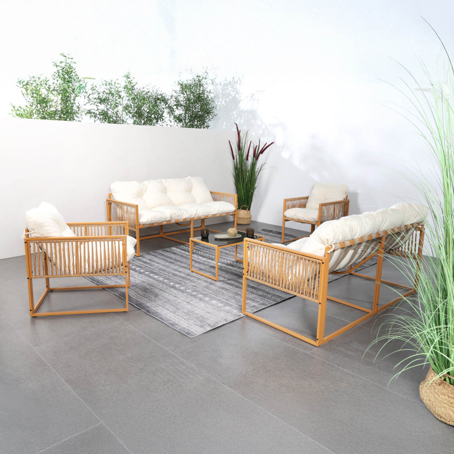 FORLI Salon de jardin 8 places effet rotin coussins blancs