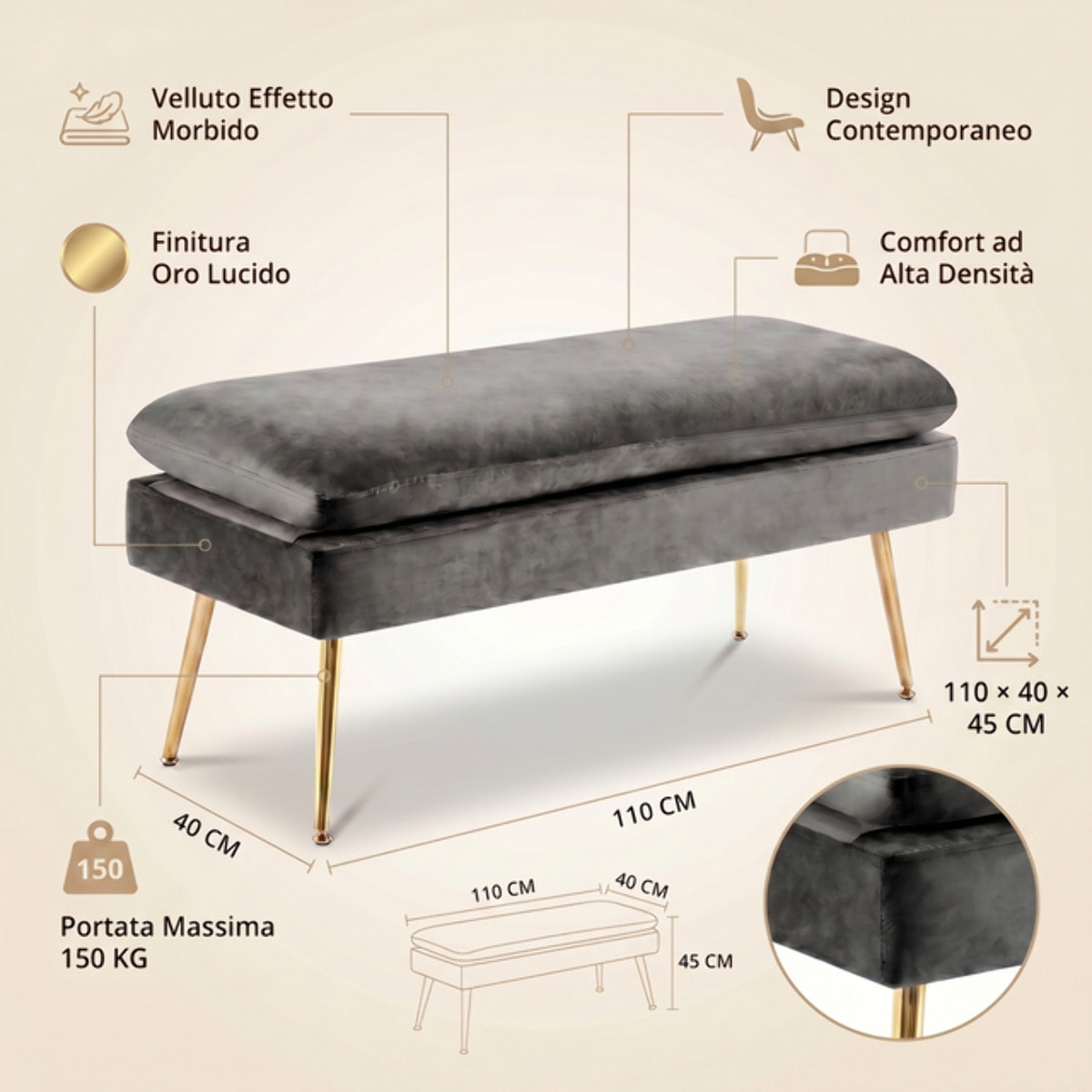 Panca Contenitore Imbottita in Effetto Velluto con Ampio Vano Portaoggetti, Seduta Confortevole e Gambe in Acciaio, Design Moderno per Camera da Letto, Ingresso e Soggiorno