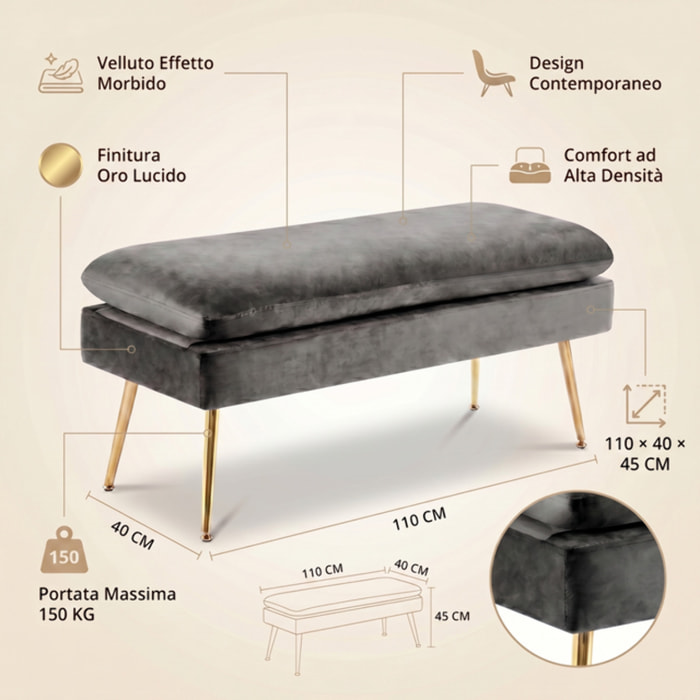 Panca Contenitore Imbottita in Effetto Velluto con Ampio Vano Portaoggetti, Seduta Confortevole e Gambe in Acciaio, Design Moderno per Camera da Letto, Ingresso e Soggiorno