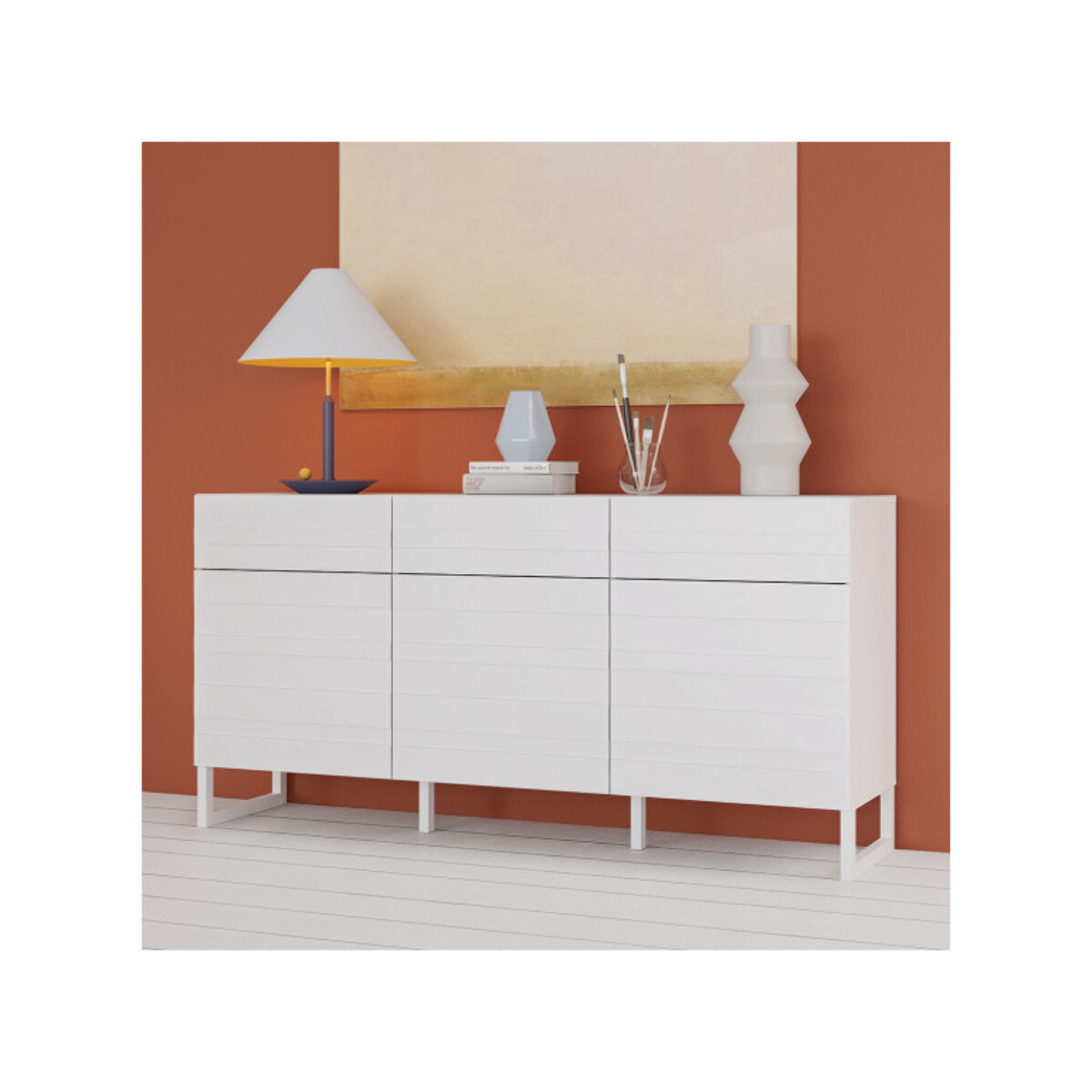 Buffet L165 cm 3 portes texturées blanc mat et pieds luge - BRITANIA