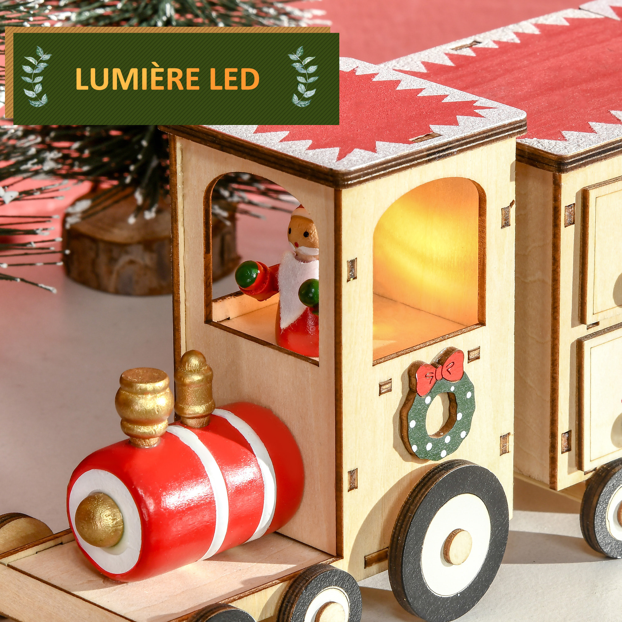 Calendrier de l'Avent LED train - lumière LED blanc chaud - 24 tiroirs - décoration lumineuse de Noël - contreplaqué beige rouge