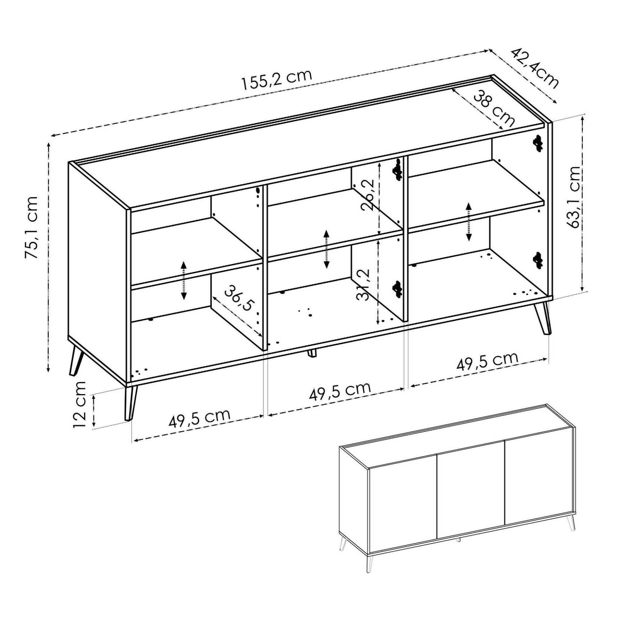 Credenza Avez, Buffet da soggiorno, Madia moderna da salotto a 3 ante, 155x43h75 cm, Rovere e Bianco