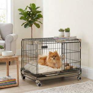 Cage pour Chien Pliable, Plateau Amovible, Roues avec Freins, Toit Ouvrant Verrouillable, Porte de Nourrissage, Niche Chien Interieur pour Petits et Moyens Chiens, 60,5x45,5x54,5cm, Noir