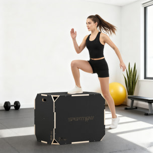 Cajón Pliométrico de Madera 3 en 1, Plataforma de Caja Pliométrica con 3 Alturas Ajustables 76/61/51 cm, Asas, sin Esquinas, Entrenamiento de Salto, Fuerza, para Casa, Gimnasio y Exterior
