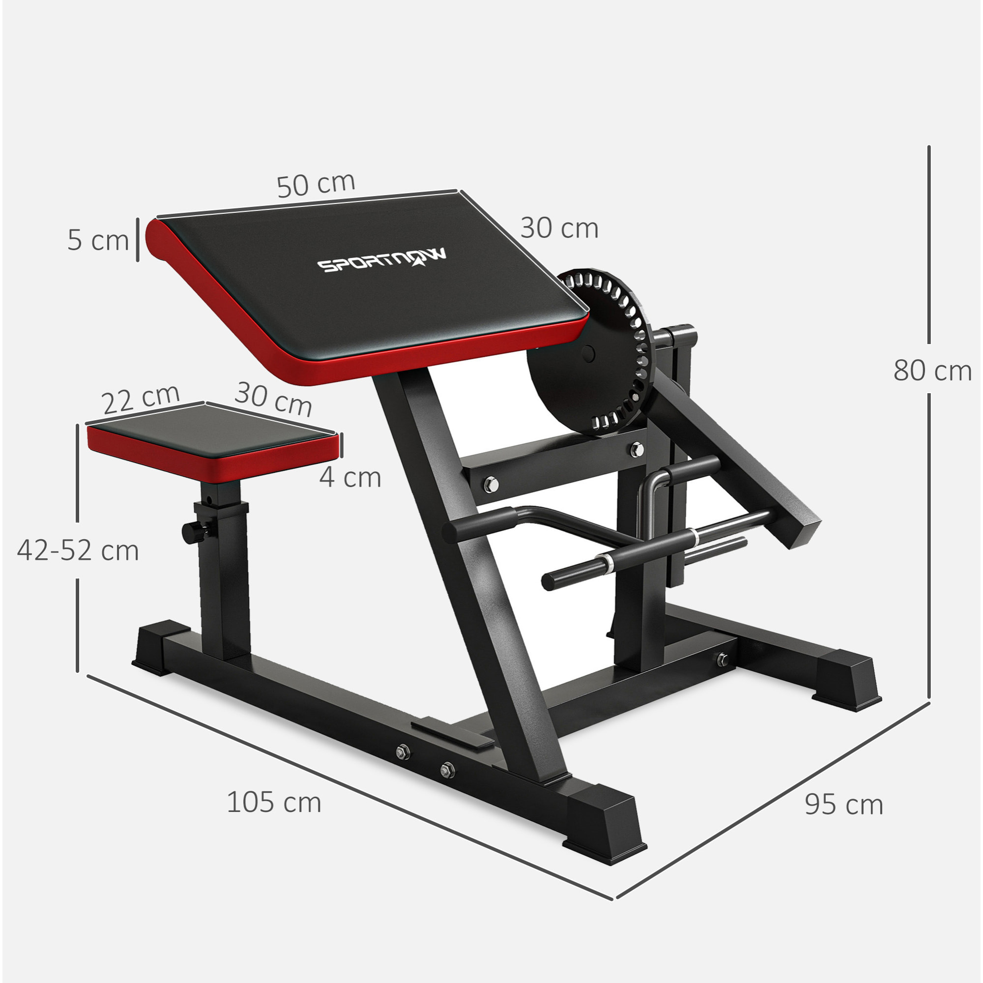 Banc à biceps preacher curl assise réglable 5 niveaux charge max. 120 Kg acier noir rouge