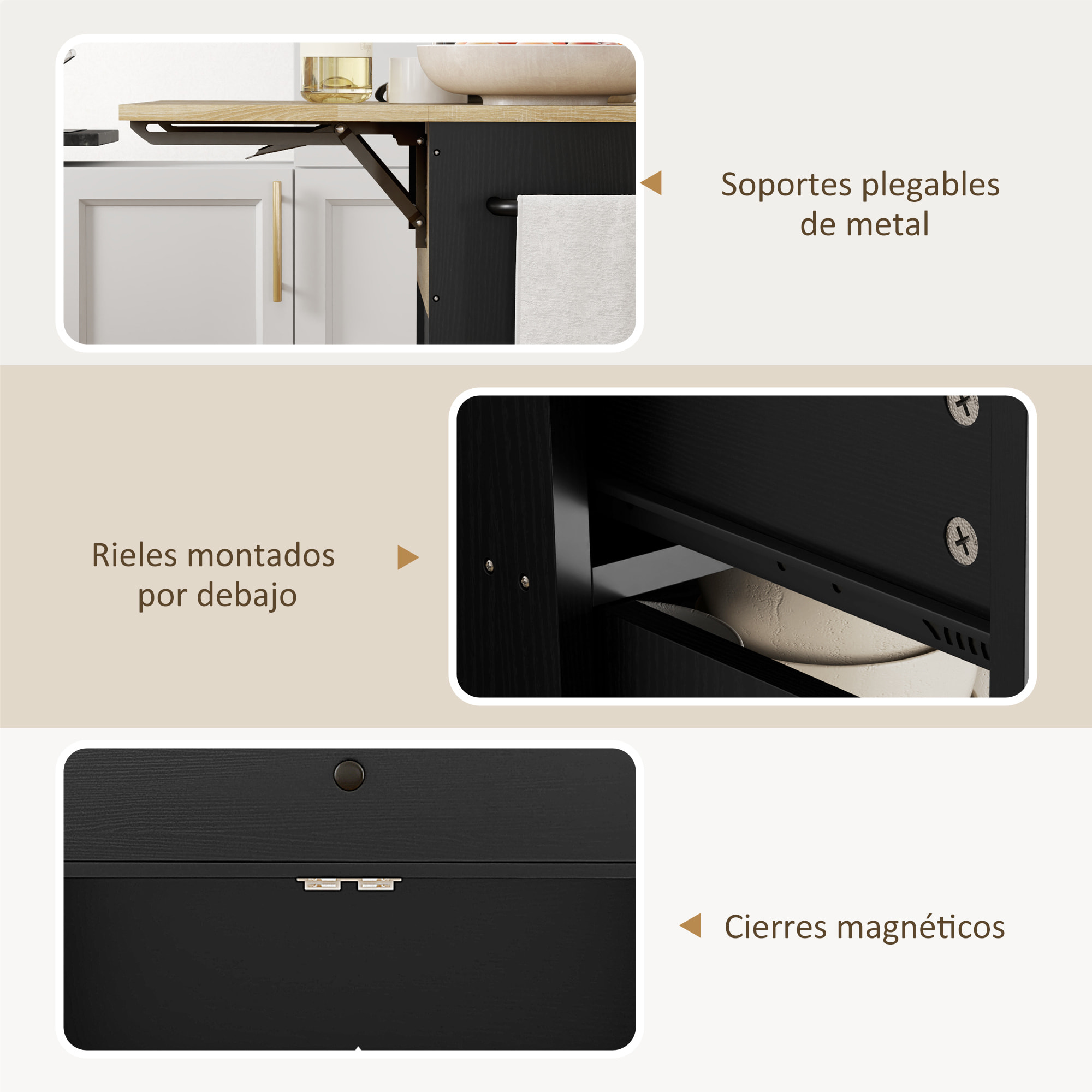 Isla de Cocina con Ala Abatible Carrito de Cocina Mueble Auxiliar de Cocina con Ruedas 2 Puertas Cajón Especiero Toallero y Estante Ajustable 106x42x87 cm Negro y Roble