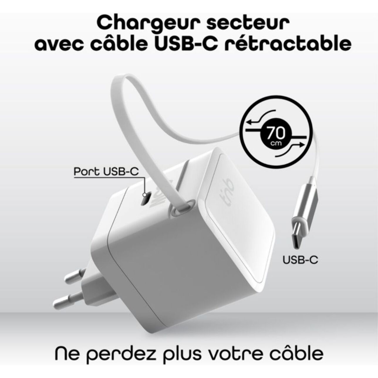 Chargeur + câble TNB GAN USB-C charge rapide + cable 70cm