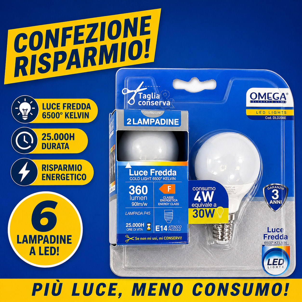 OMEGA Set 6 lampadine sfera led 4W E14 6500K
