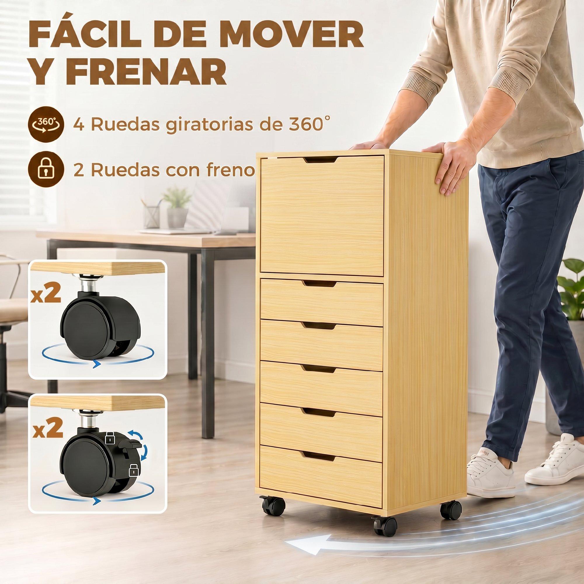 Cajonera Escritorio con 5 Cajones, Cajonera de Oficina con Ruedas y Armario con Cierre Suave, Soporte para Impresora, Mueble Archivador para Oficina en Casa, Natural