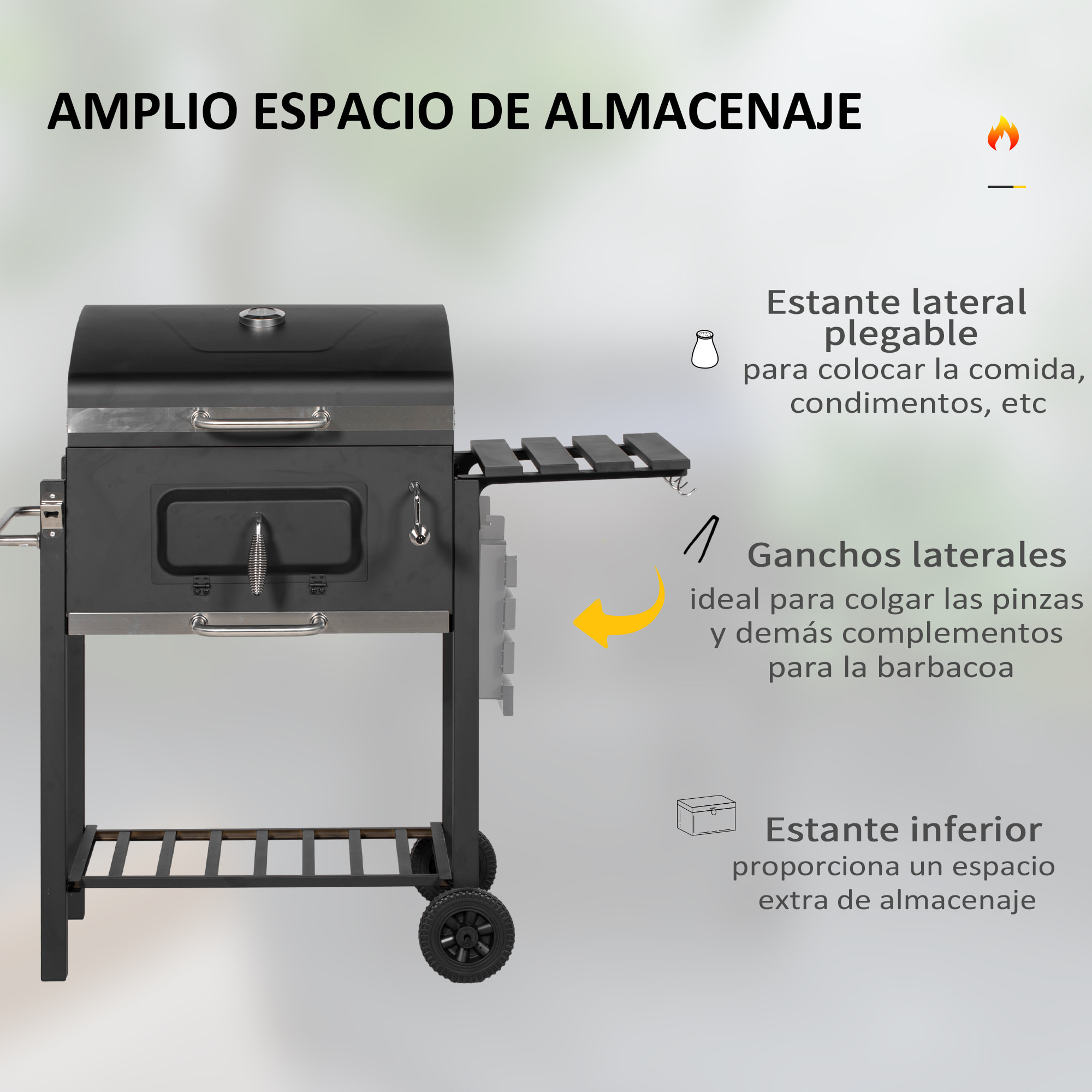 Barbacoa de Carbón con Ruedas Barbacoa con Tapa Parrillas de Acero Inoxidable Termómetro Brasero Ajustable Bandeja Lateral y Estante 113x65x108 cm Negro