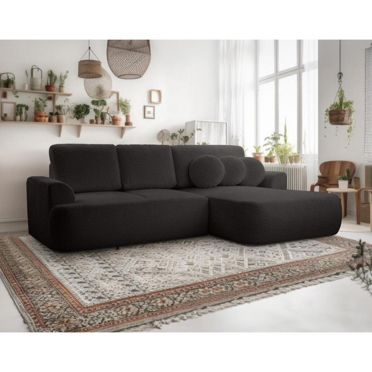 Candela - canapé d'angle droit 4 places - convertible avec coffre - en tissu bouclette - Noir