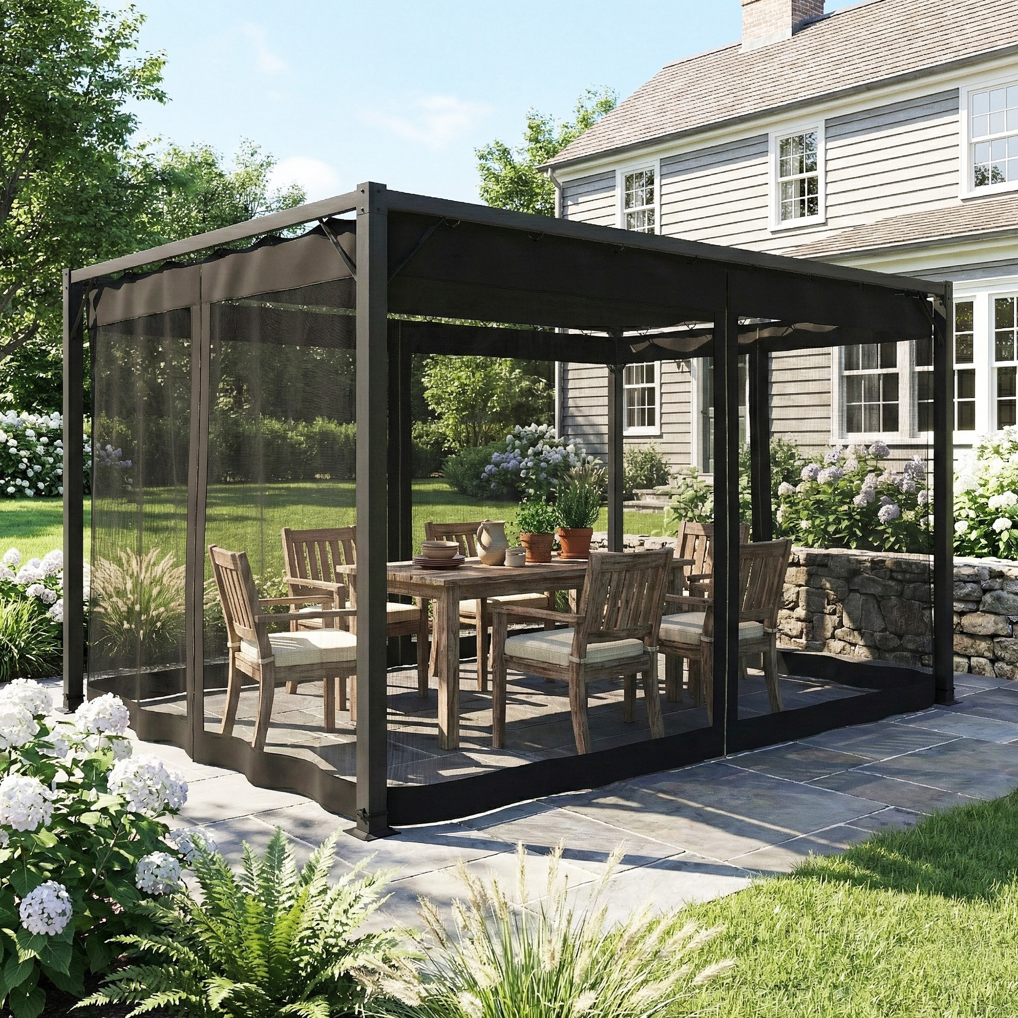 Pérgola de Jardín 3x4 m con Techo Retráctil y 4 Paredes Laterales de Malla, Cenador de Jardín con Estructura de Aluminio, UPF30+, Pabellón para Exterior, Patio, Terraza, Gris Oscuro