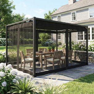 Pérgola de Jardín 3x4 m con Techo Retráctil y 4 Paredes Laterales de Malla, Cenador de Jardín con Estructura de Aluminio, UPF30+, Pabellón para Exterior, Patio, Terraza, Gris Oscuro