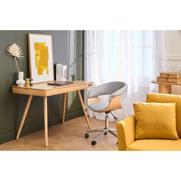 Chaise de bureau à roulettes design noire, bois foncé et acier chromé OKTAV