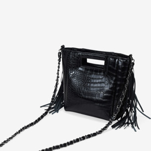 Bolso de mano negro con flecos