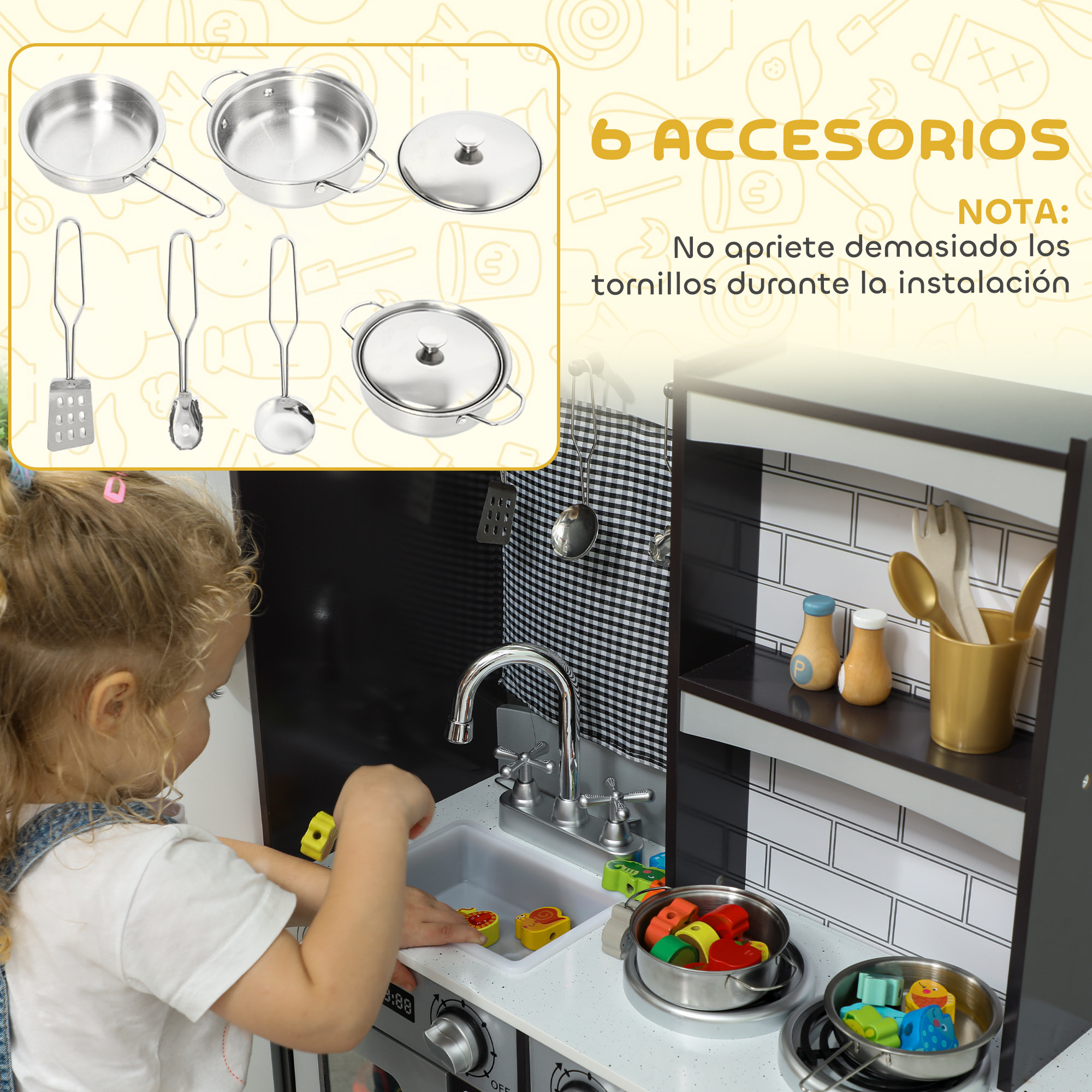 Cocina de Juguete de Madera con Sonido, Cocinita Infantil con Accesorios de Acero Inoxidable, Nevera, Microondas, Fregadero, 81x27x79,7 cm, Marrón Oscuro