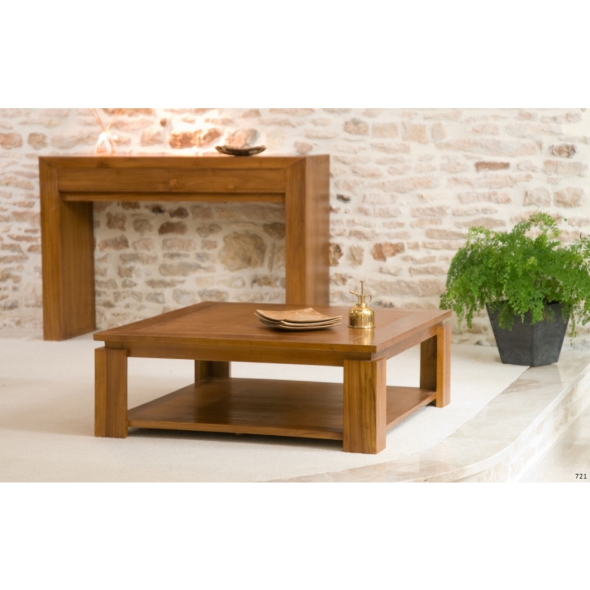 AYAN - Table basse carrée marron sous plateau 90x90cm bois Teck