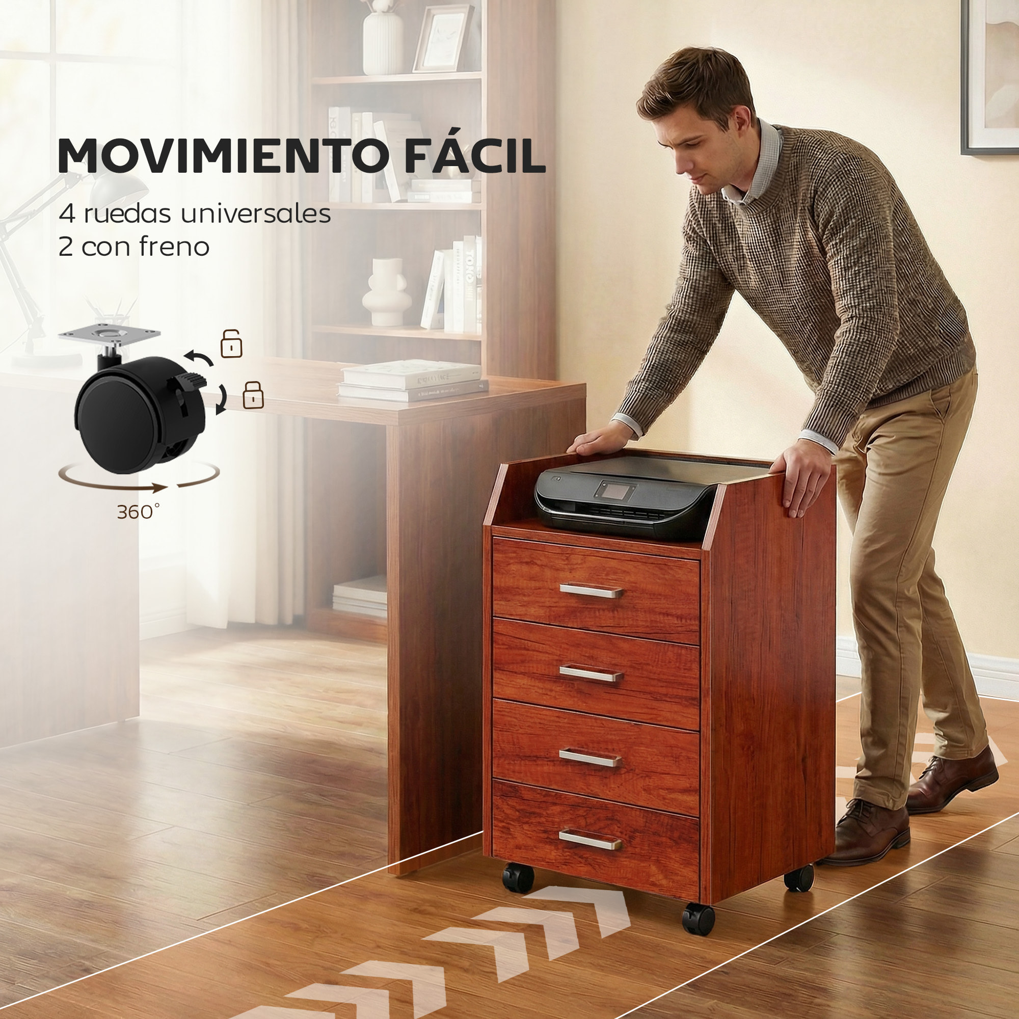 Cajonera de Escritorio con Ruedas, Cajonera de Oficina con 4 Cajones, Archivador Móvil para Estudio, Salón, para Debajo del Escritorio, 40x36x65 cm, Marrón