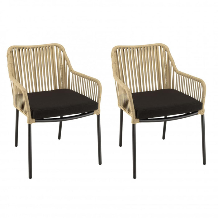 MALO - Lot de 2 fauteuils cordage couleur naturelle coussin assise noir
