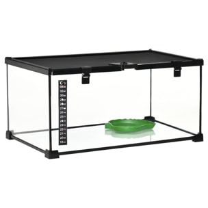Terrarium en verre - vivarium reptiles & batraciens - habitat tortue - couvercle grillagé coulissant verrouillable - distributeur eau, thermomètre inclus - métal noir verre