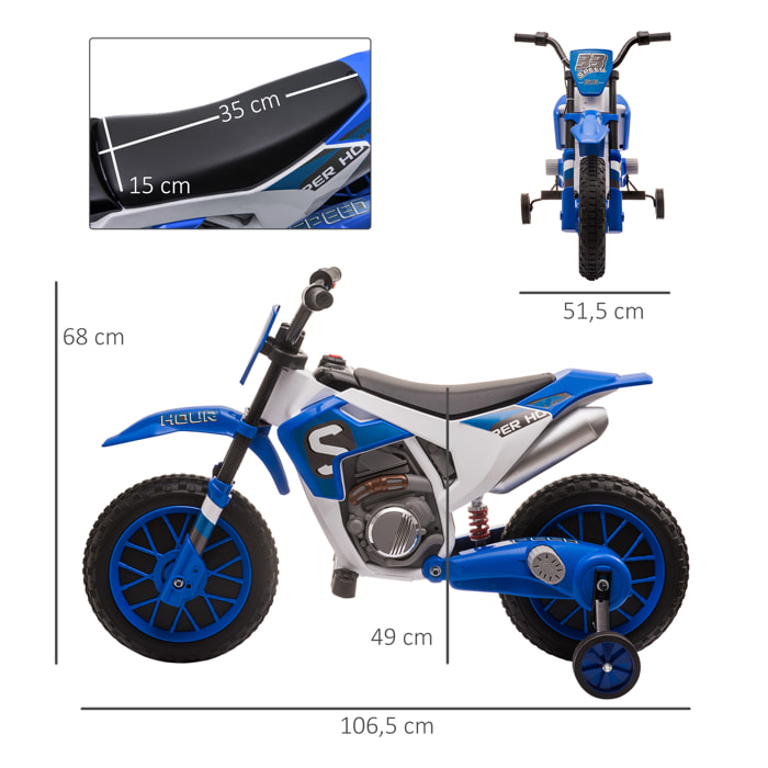 Moto cross électrique enfant 3 à 5 ans 12 V 3-8 Km/h  avec roulettes latérales amovibles dim. 106,5L x 51,5l x 68H cm bleu