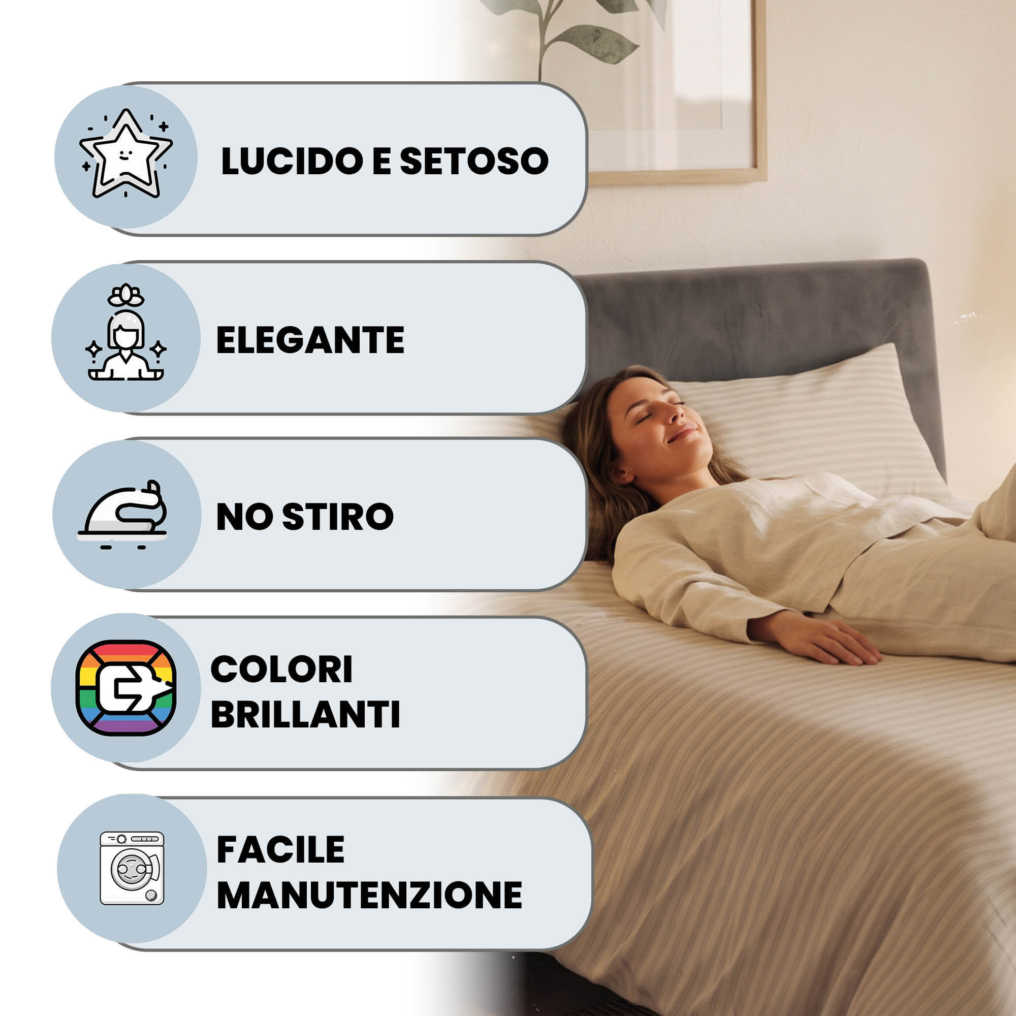 PARURE COPRIPIUMINO SATIN STRIPES, 100% Raso di Poliestere, Made in Italy, No Stiro - TORTORA