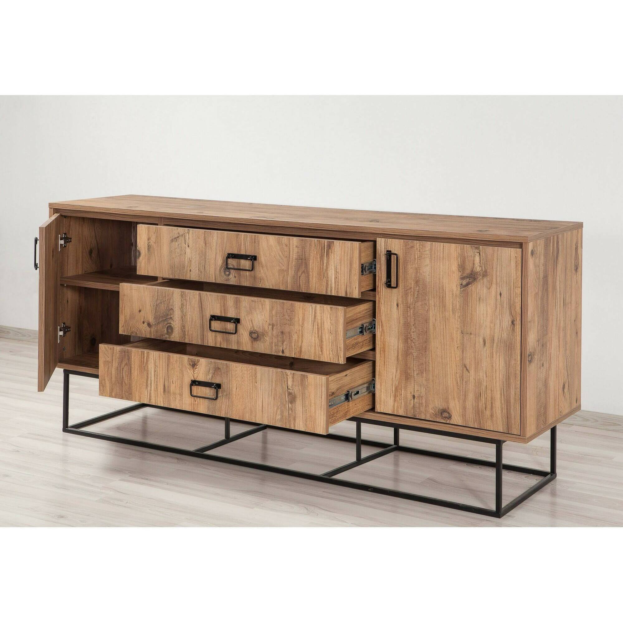 Credenza Dgramign, Buffet da soggiorno, Madia da salotto, Dispensa da cucina, 180x45h80 cm, Quercia e Nero