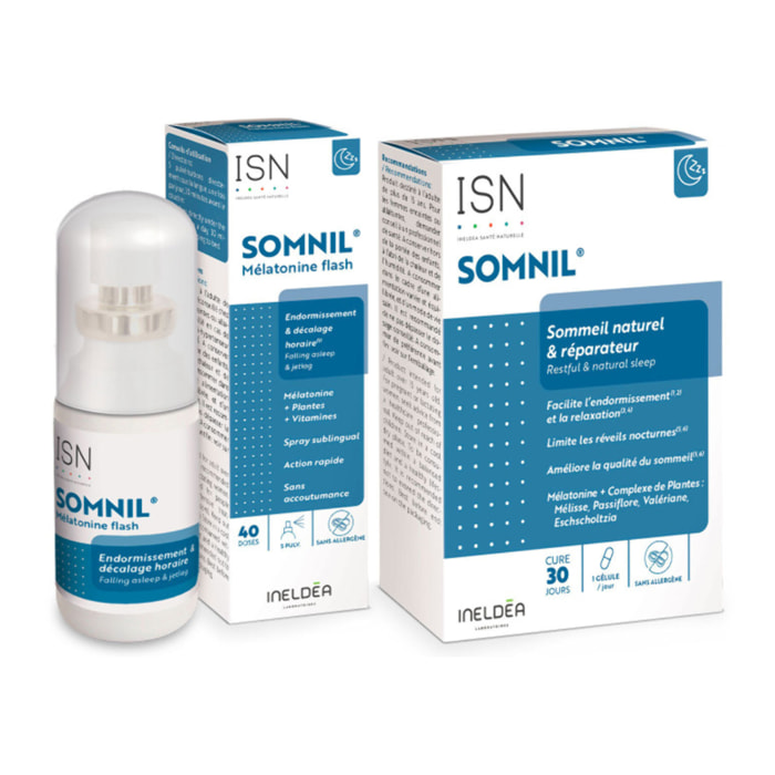 ISN - Pack Somnil - Compléments alimentaires à base de plantes, vitamines & Mélatonine - Sommeil Naturel & Réparateur - Endormissement & Décalage horaire - Etui 30 gélules + Spray