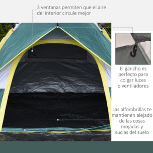 Tienda de Campaña para 3 Personas Tienda Camping Plegable con 1 Puerta 3 Ventanas Bolsa de Transporte y Apertura Automática para Playa Parque 205x195x135 cm Verde