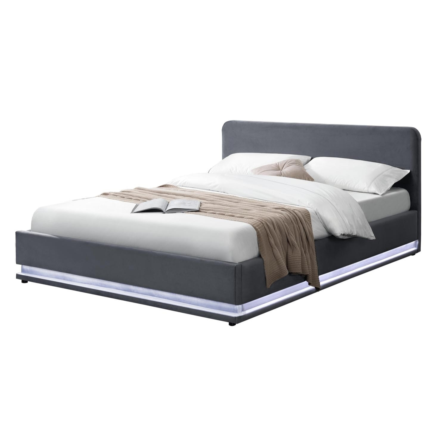 Lit avec led 140 x 190 cm en velours gris ALICANTE
