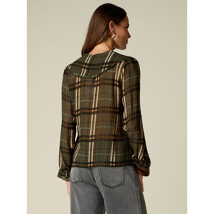 Oltre - Blusa in viscosa check con volant - Verde militare