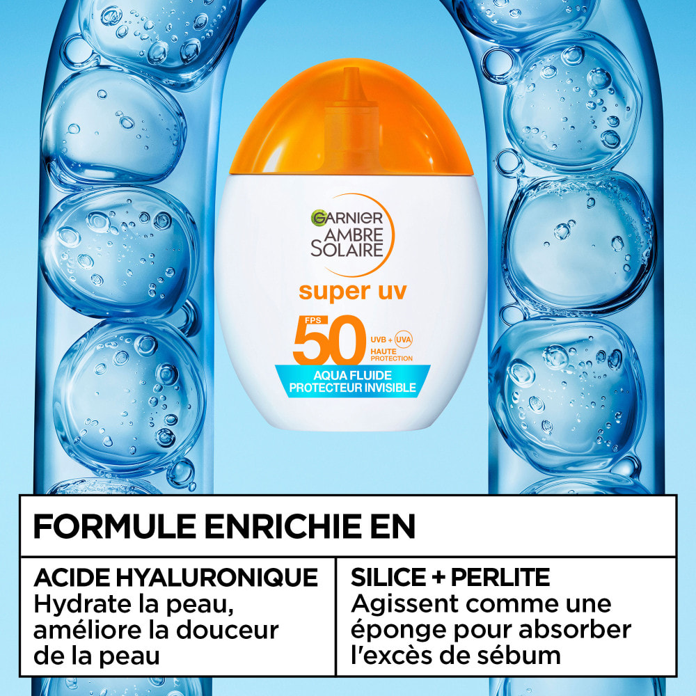 Garnier Ambre Solaire Super UV Visage Aqua Fluide SPF50 Invisible - Acide Hyaluronique - 40ml